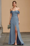 Twilight Blue Off the Shoulder Chiffon A-Line Maxi Bridesmaid Dress with Slit