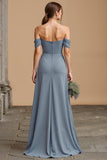 Twilight Blue Off the Shoulder Chiffon A-Line Maxi Bridesmaid Dress with Slit
