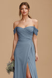 Twilight Blue Off the Shoulder Chiffon A-Line Maxi Bridesmaid Dress with Slit