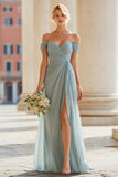 Grey Blue Off the Shoulder Chiffon A-Line Long Bridesmaid Dress with Slit