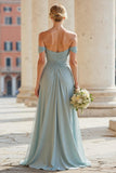 Grey Blue Off the Shoulder Chiffon A-Line Long Bridesmaid Dress with Slit