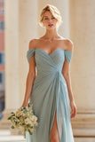 Grey Blue Off the Shoulder Chiffon A-Line Long Bridesmaid Dress with Slit