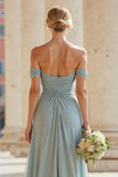 Grey Blue Off the Shoulder Chiffon A-Line Long Bridesmaid Dress with Slit