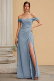 Dusty Blue Chiffon Off the Shoulder A-Line Long Bridesmaid Dress with Slit