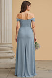 Dusty Blue Chiffon Off the Shoulder A-Line Long Bridesmaid Dress with Slit