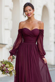 Cabernet Off the Shoulder A-Line Chiffon Maxi Bridesmaid Dress with Sleeves