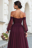 Cabernet Off the Shoulder A-Line Chiffon Maxi Bridesmaid Dress with Sleeves