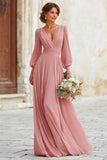 Dusty Rose V-Neck A-Line Chiffon Maxi Bridesmaid Dress with Sleeves