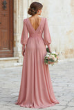 Dusty Rose V-Neck A-Line Chiffon Maxi Bridesmaid Dress with Sleeves