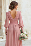 Dusty Rose V-Neck A-Line Chiffon Maxi Bridesmaid Dress with Sleeves
