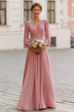 Dusty Rose V-Neck Chiffon A-Line Long Bridesmaid Dress with Sleeves