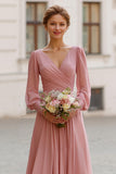 Dusty Rose V-Neck Chiffon A-Line Long Bridesmaid Dress with Sleeves