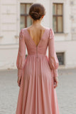 Dusty Rose V-Neck Chiffon A-Line Long Bridesmaid Dress with Sleeves