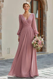 Dusty Rose V-Neck Chiffon A-Line Long Bridesmaid Dress with Sleeves