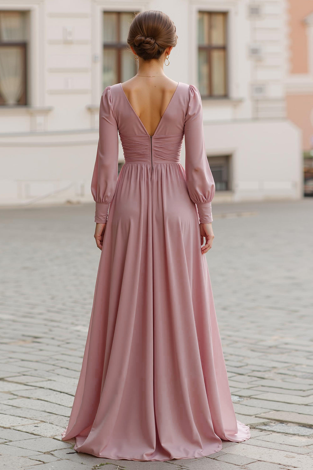 Dusty Rose V-Neck Chiffon A-Line Long Bridesmaid Dress with Sleeves