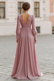 Dusty Rose V-Neck Chiffon A-Line Long Bridesmaid Dress with Sleeves