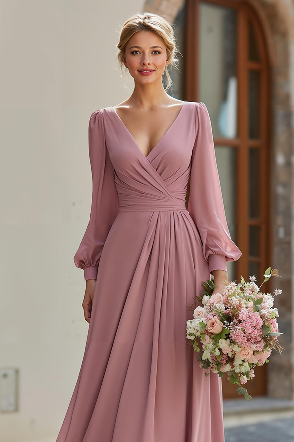 Dusty Rose V-Neck Chiffon A-Line Long Bridesmaid Dress with Sleeves