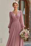 Dusty Rose V-Neck Chiffon A-Line Long Bridesmaid Dress with Sleeves