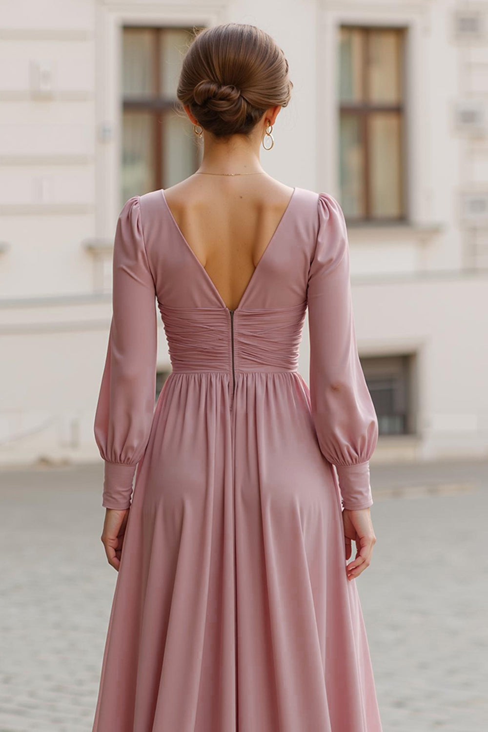 Dusty Rose V-Neck Chiffon A-Line Long Bridesmaid Dress with Sleeves