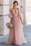 Dusty Rose Off the Shoulder Tulle Long A-Line Bridesmaid Dress with Sleeves