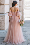 Dusty Rose Off the Shoulder Tulle Long A-Line Bridesmaid Dress with Sleeves