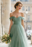 Eucalyptus Green Tulle Off the Shoulder A-Line Long Bridesmaid Dress
