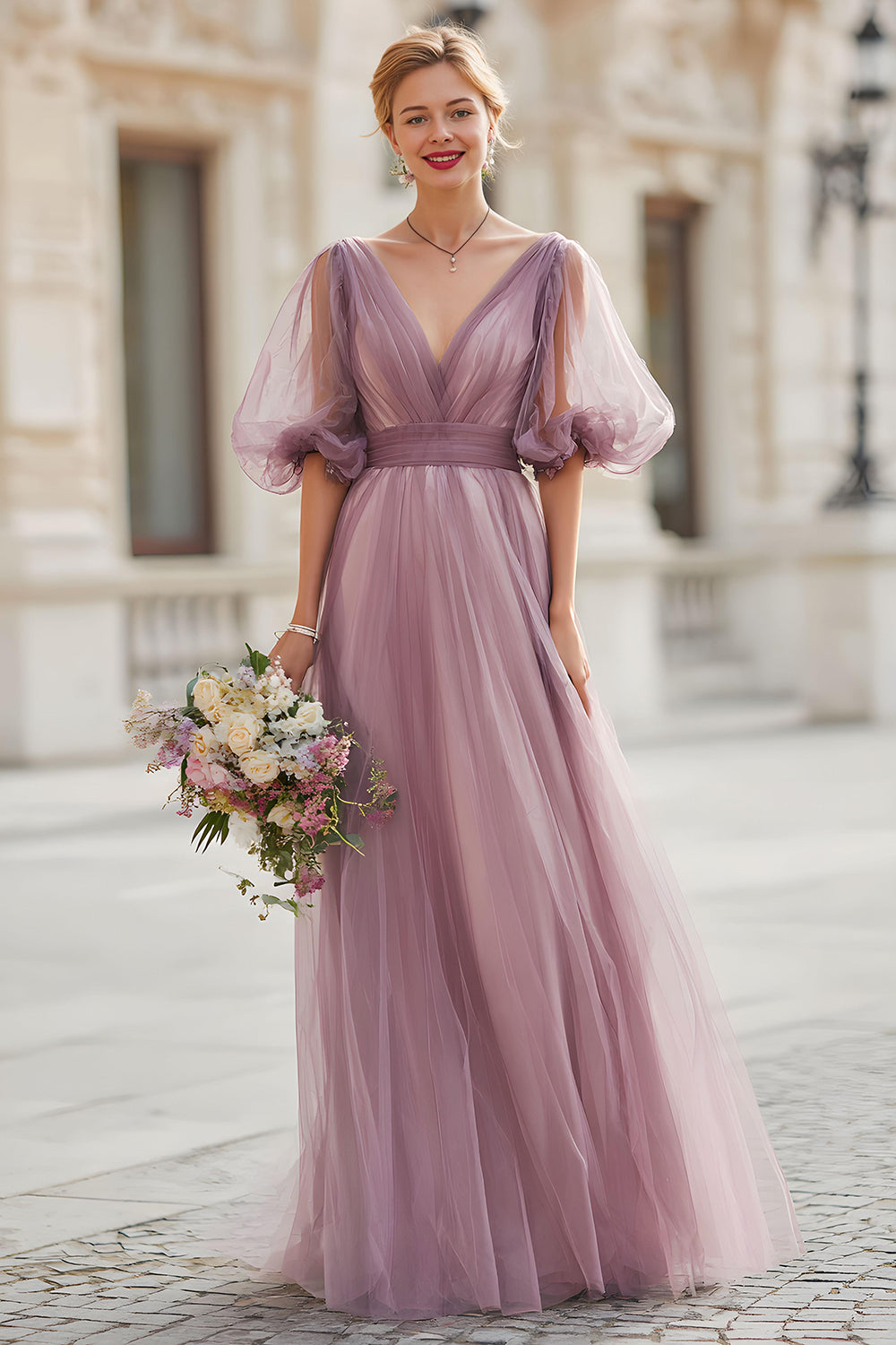 Vintage Mauve A-Line Tulle V-Neck Long Bridesmaid Dress with Sleeves