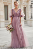 Vintage Mauve A-Line Tulle V-Neck Long Bridesmaid Dress with Sleeves