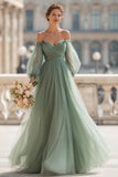 Eucalyptus Green Off the Shoulder A-Line Tulle Maxi Bridesmaid Dress with Sleeves