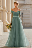 Eucalyptus Tulle Off the Shoulder A-Line Maxi Bridesmaid Dress