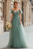 Eucalyptus Green A-Line Tulle Off the Shoulder Maxi Bridesmaid Dress