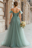 Eucalyptus Green A-Line Tulle Off the Shoulder Maxi Bridesmaid Dress