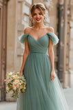 Eucalyptus Green A-Line Tulle Off the Shoulder Maxi Bridesmaid Dress
