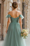 Eucalyptus Green A-Line Tulle Off the Shoulder Maxi Bridesmaid Dress