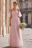 Blush Pink Tulle Off the Shoulder A-Line Long Bridesmaid Dress with Sleeves