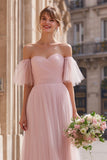Blush Pink Tulle Off the Shoulder A-Line Long Bridesmaid Dress with Sleeves