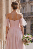 Blush Pink Tulle Off the Shoulder A-Line Long Bridesmaid Dress with Sleeves