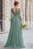Eucalyptus Green Tulle A-Line V-Neck Maxi Bridesmaid Dress with Sleeves