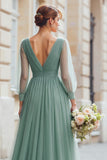 Eucalyptus Green Tulle A-Line V-Neck Maxi Bridesmaid Dress with Sleeves