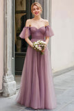 Vintage Mauve Tulle Off the Shoulder A-Line Long Bridesmaid Dress with Sleeves