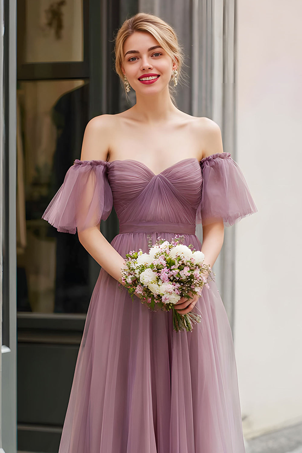 Vintage Mauve Tulle Off the Shoulder A-Line Long Bridesmaid Dress with Sleeves
