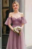 Vintage Mauve Tulle Off the Shoulder A-Line Long Bridesmaid Dress with Sleeves
