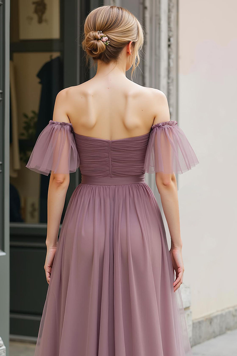 Vintage Mauve Tulle Off the Shoulder A-Line Long Bridesmaid Dress with Sleeves