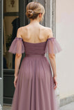 Vintage Mauve Tulle Off the Shoulder A-Line Long Bridesmaid Dress with Sleeves