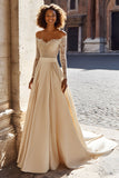 Sparkly Satin Champagne Off the Shoulder Sweep Train Wedding Dress with Sleeves