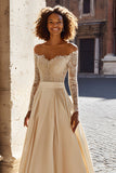 Sparkly Satin Champagne Off the Shoulder Sweep Train Wedding Dress with Sleeves