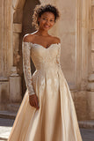 Princess Champagne Satin Long Sleeves Sweep Train Floral Lace Wedding Dress