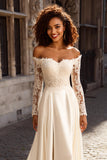 Ivory Satin A Line Off the Shoulder Long Sleeves Wedding Dress