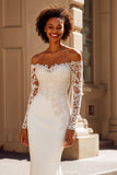 Ivory Satin Mermaid Off the Shoulder Sweep Train Wedding Dress with Sleeves