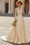 Ivory High Neck Satin Princess Sweep Train Wedding Dress with Sleeves